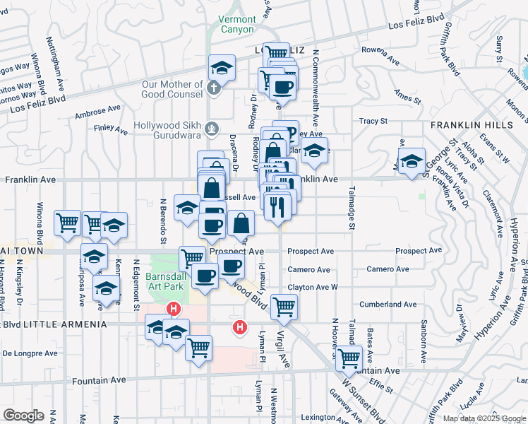 map of restaurants, bars, coffee shops, grocery stores, and more near 4523 Melbourne Avenue in Los Angeles