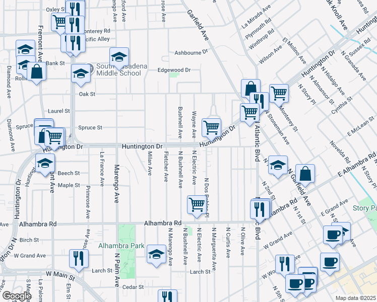 map of restaurants, bars, coffee shops, grocery stores, and more near 1512 Huntington Drive in Alhambra