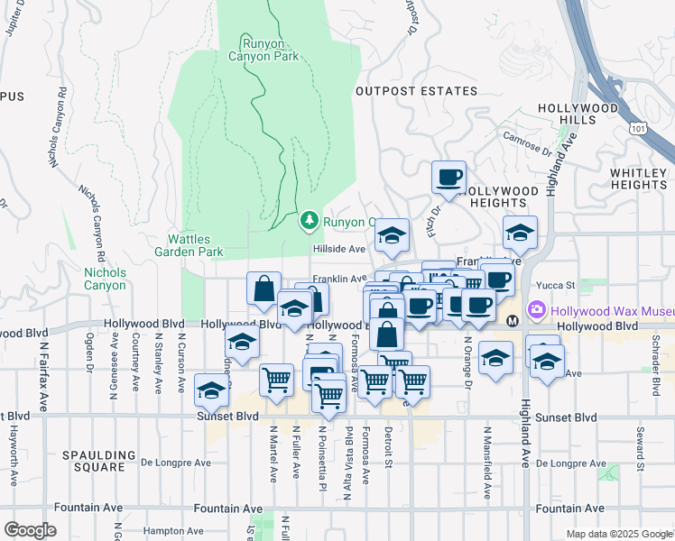 map of restaurants, bars, coffee shops, grocery stores, and more near 7249 Franklin Avenue in Los Angeles