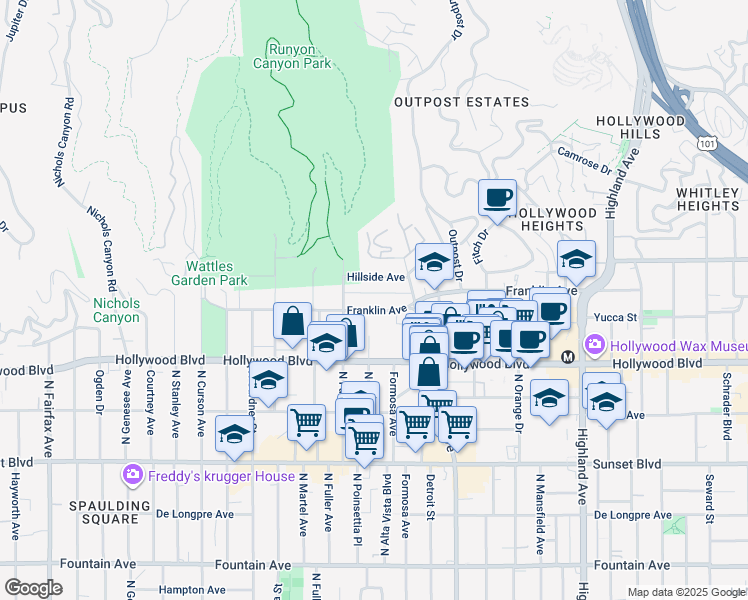 map of restaurants, bars, coffee shops, grocery stores, and more near 7249 Franklin Avenue in Los Angeles
