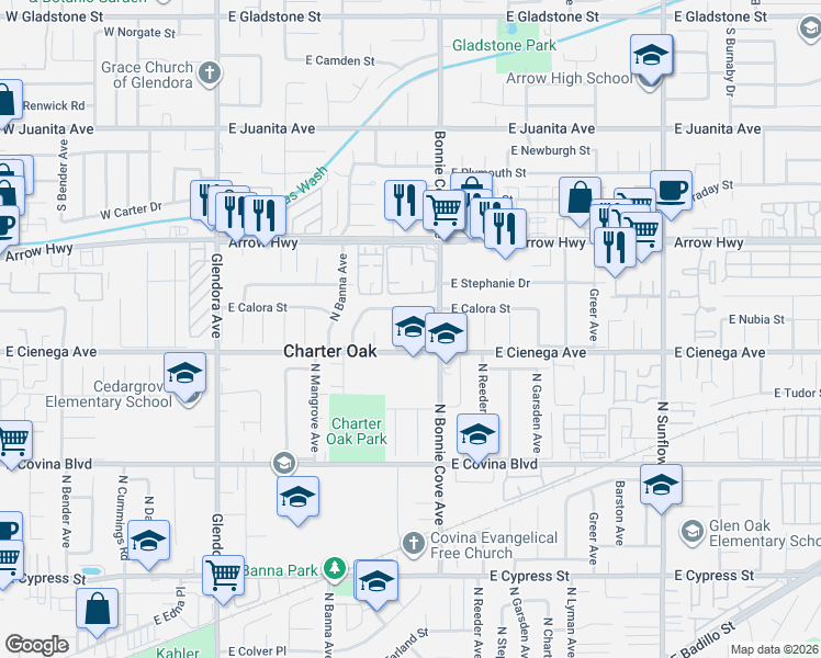 map of restaurants, bars, coffee shops, grocery stores, and more near 20352 East Calora Street in Covina