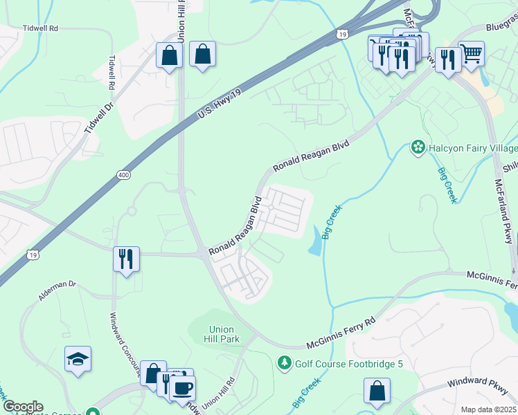 map of restaurants, bars, coffee shops, grocery stores, and more near 7585 Scarlet Drive in Alpharetta