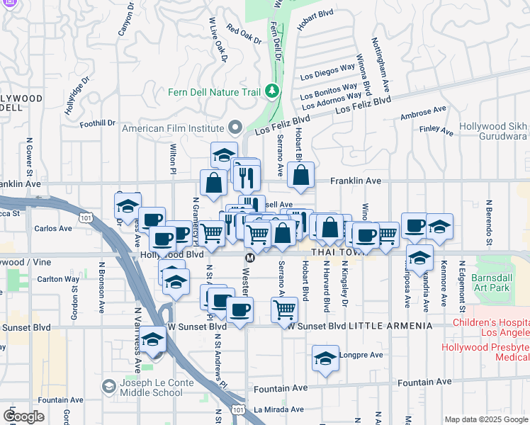map of restaurants, bars, coffee shops, grocery stores, and more near 5422 Russell Avenue in Los Angeles
