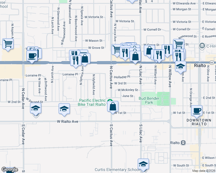 map of restaurants, bars, coffee shops, grocery stores, and more near 293 North Fillmore Avenue in Rialto