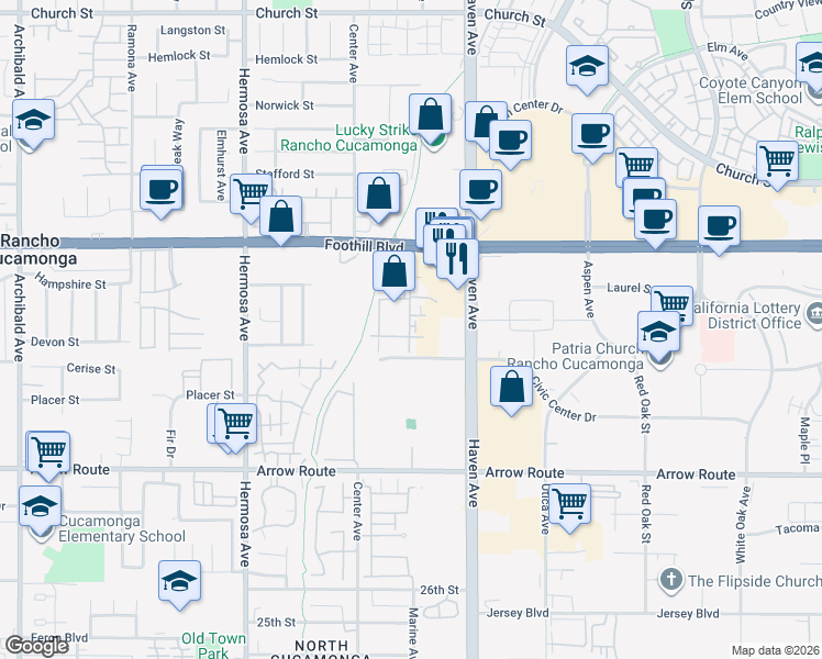 map of restaurants, bars, coffee shops, grocery stores, and more near Unnamed Road in Rancho Cucamonga