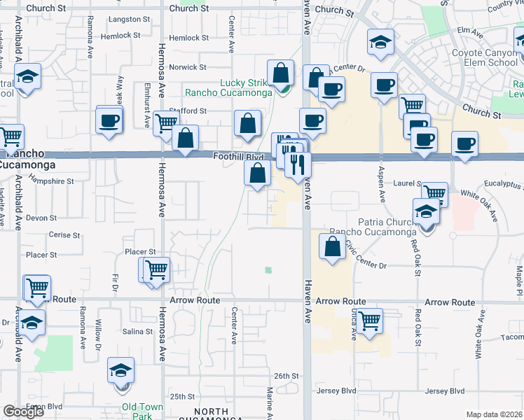 map of restaurants, bars, coffee shops, grocery stores, and more near 8200 Haven Avenue in Rancho Cucamonga