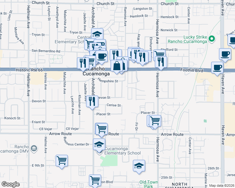 map of restaurants, bars, coffee shops, grocery stores, and more near 8255 Ramona Avenue in Rancho Cucamonga