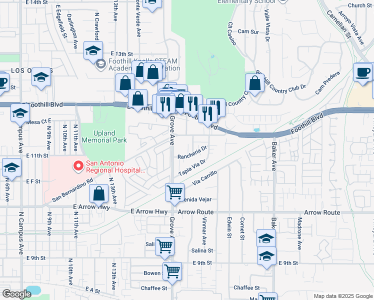 map of restaurants, bars, coffee shops, grocery stores, and more near 8248 Red Hill Country Club Drive in Rancho Cucamonga