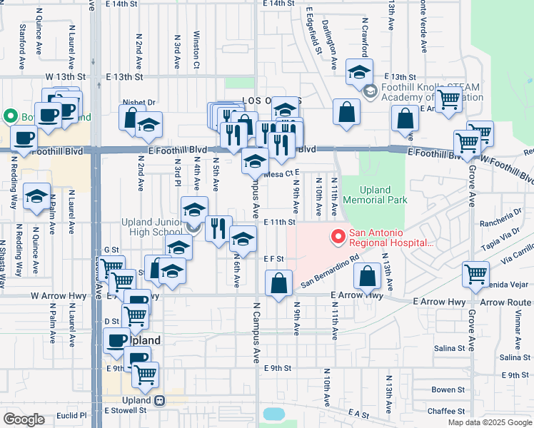 map of restaurants, bars, coffee shops, grocery stores, and more near 818 North Campus Avenue in Upland