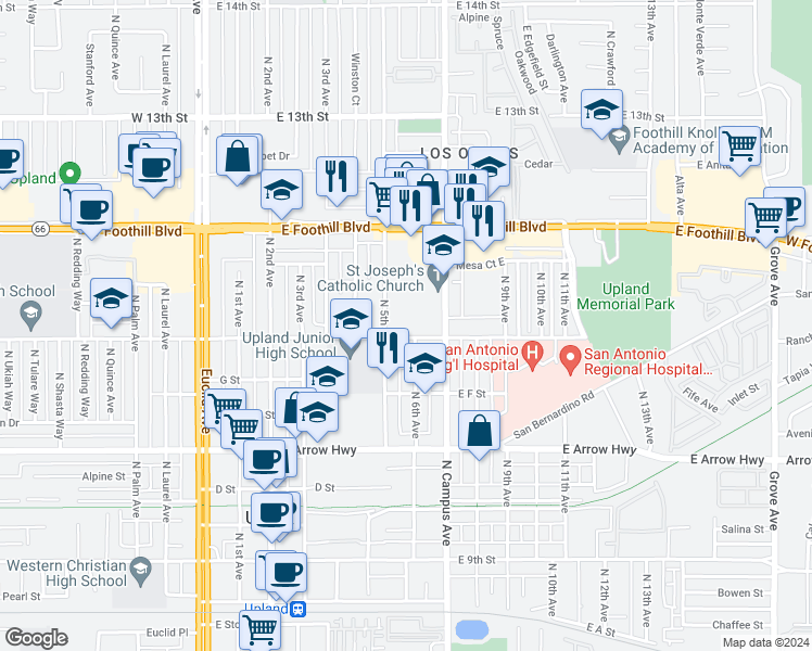 map of restaurants, bars, coffee shops, grocery stores, and more near 828 North 5th Avenue in Upland
