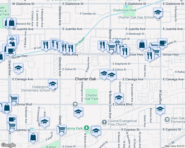 map of restaurants, bars, coffee shops, grocery stores, and more near 5030 North Kinsella Avenue in Covina