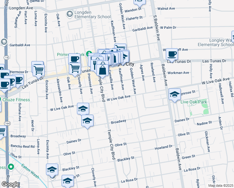 map of restaurants, bars, coffee shops, grocery stores, and more near 5727 Camellia Avenue in Temple City