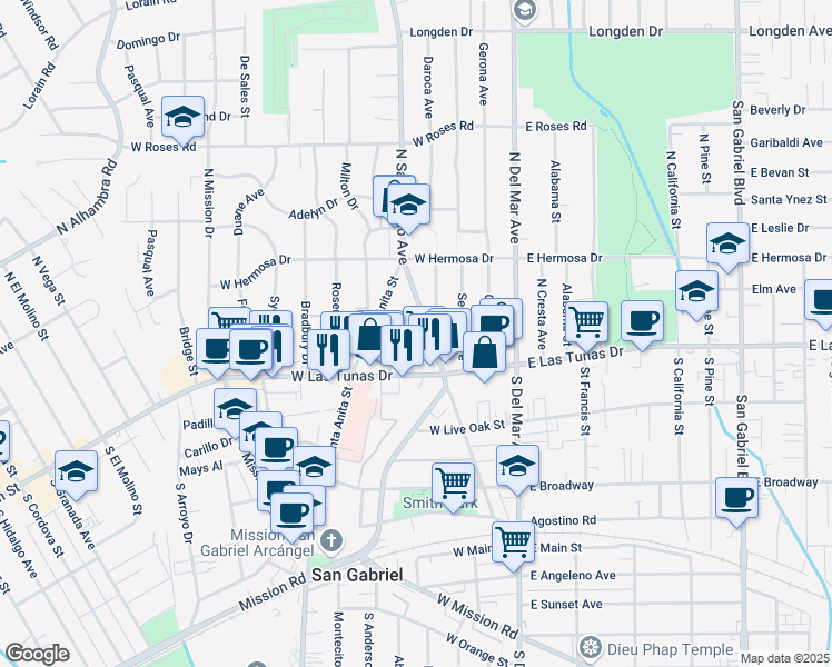map of restaurants, bars, coffee shops, grocery stores, and more near 138 Ardmore Drive in San Gabriel