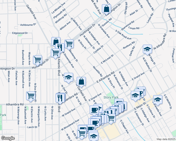 map of restaurants, bars, coffee shops, grocery stores, and more near 812 North Monterey Street in Alhambra