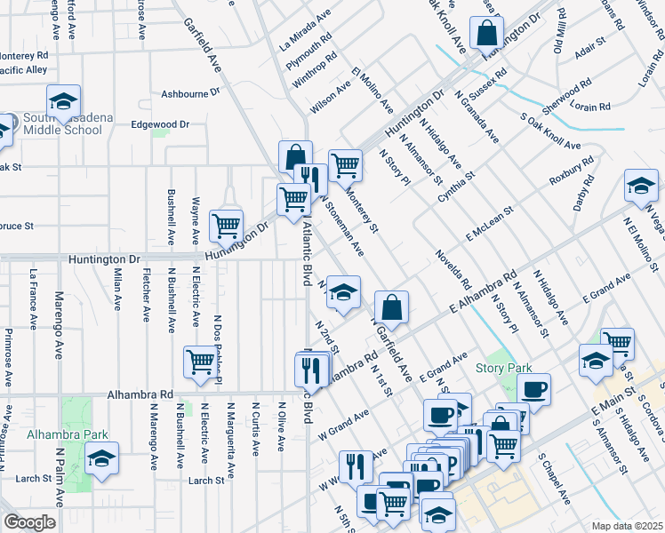 map of restaurants, bars, coffee shops, grocery stores, and more near 1000 North 1st Street in Alhambra
