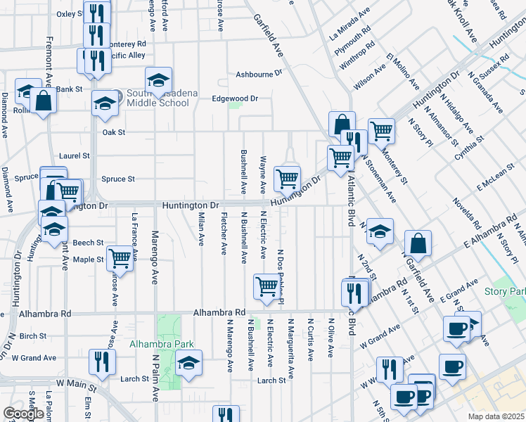 map of restaurants, bars, coffee shops, grocery stores, and more near 1512 Huntington Drive in Alhambra