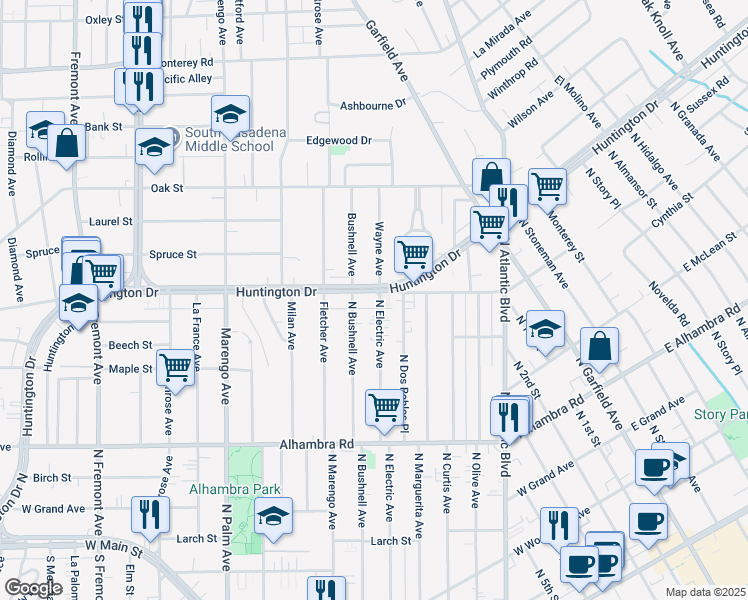 map of restaurants, bars, coffee shops, grocery stores, and more near 1512 Huntington Drive in Alhambra