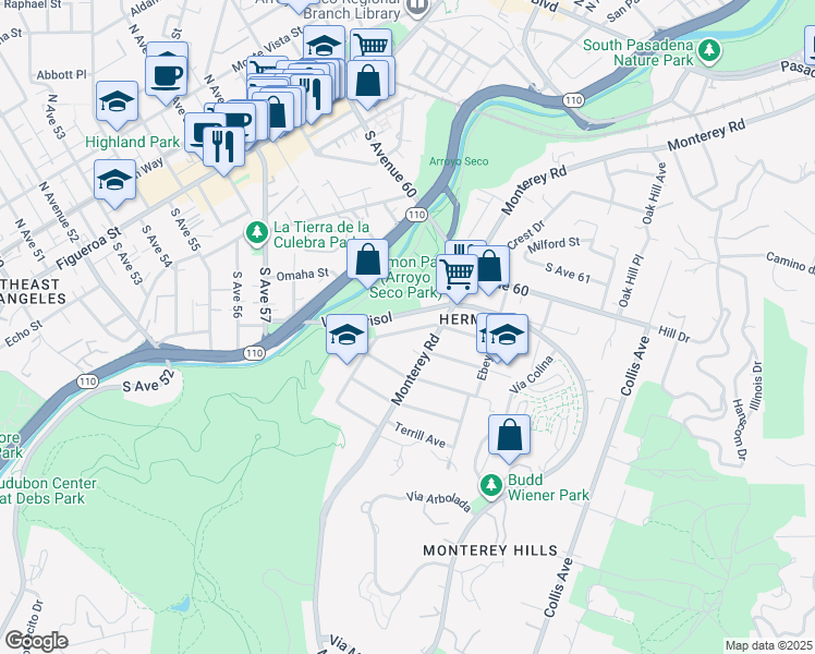 map of restaurants, bars, coffee shops, grocery stores, and more near 5531 Via Marisol in Los Angeles