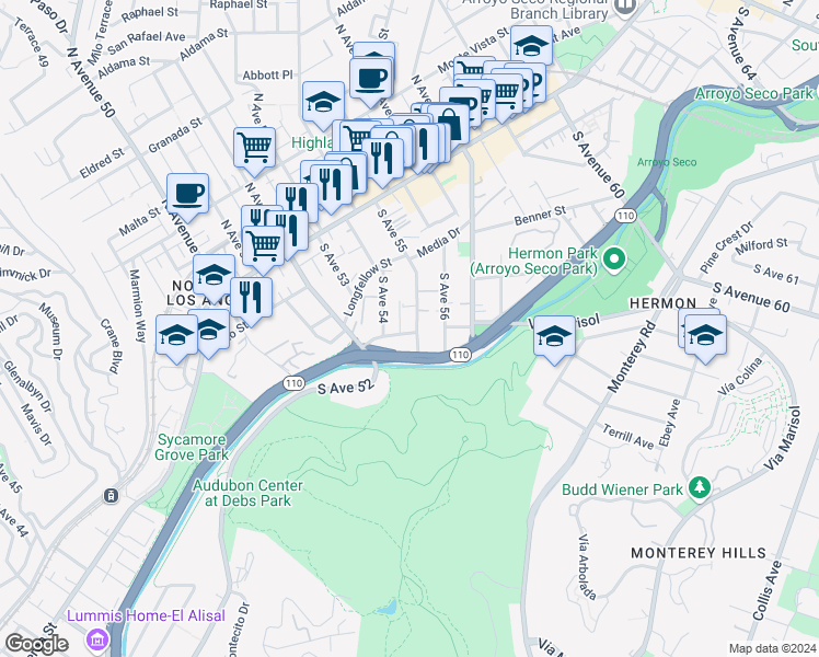 map of restaurants, bars, coffee shops, grocery stores, and more near 265 South Avenue 54 in Los Angeles