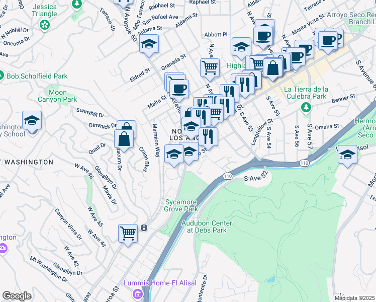 map of restaurants, bars, coffee shops, grocery stores, and more near 4952 North Figueroa Street in Los Angeles