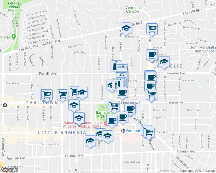 map of restaurants, bars, coffee shops, grocery stores, and more near 1818 North New Hampshire Avenue in Los Angeles