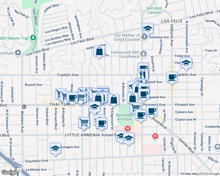 map of restaurants, bars, coffee shops, grocery stores, and more near 1814 North Edgemont Street in Los Angeles