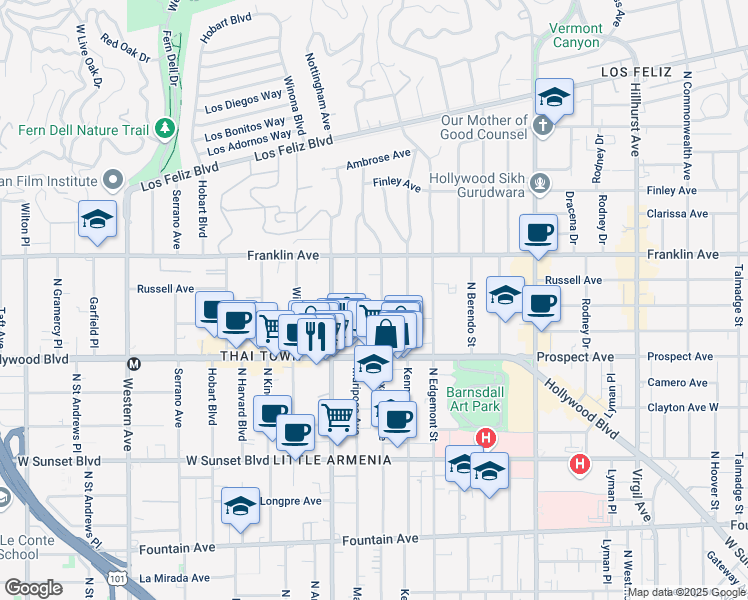 map of restaurants, bars, coffee shops, grocery stores, and more near 1816 North Mariposa Avenue in Los Angeles