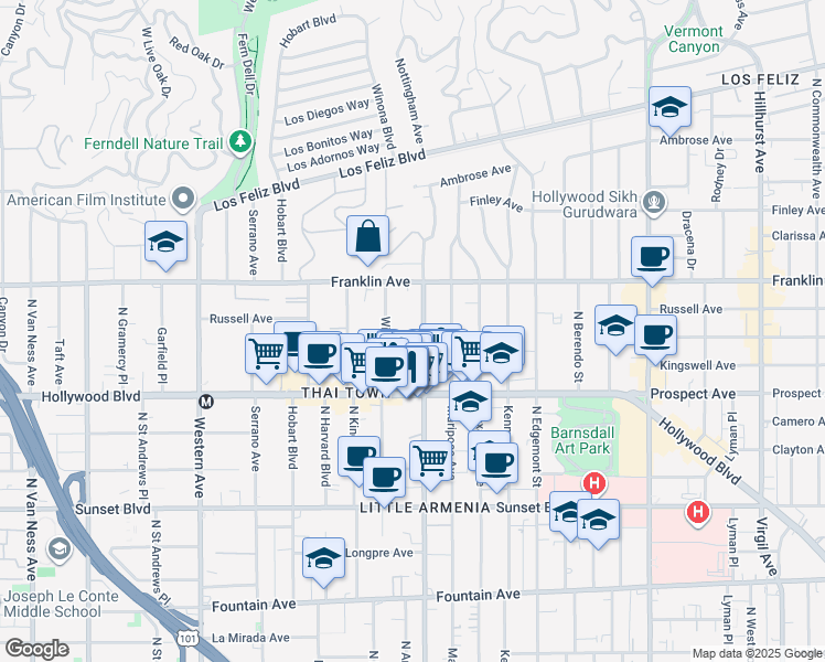 map of restaurants, bars, coffee shops, grocery stores, and more near 1814 North Normandie Avenue in Los Angeles