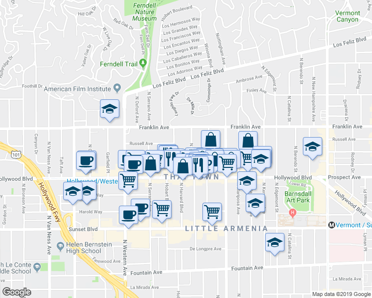 map of restaurants, bars, coffee shops, grocery stores, and more near 1813 North Kingsley Drive in Los Angeles