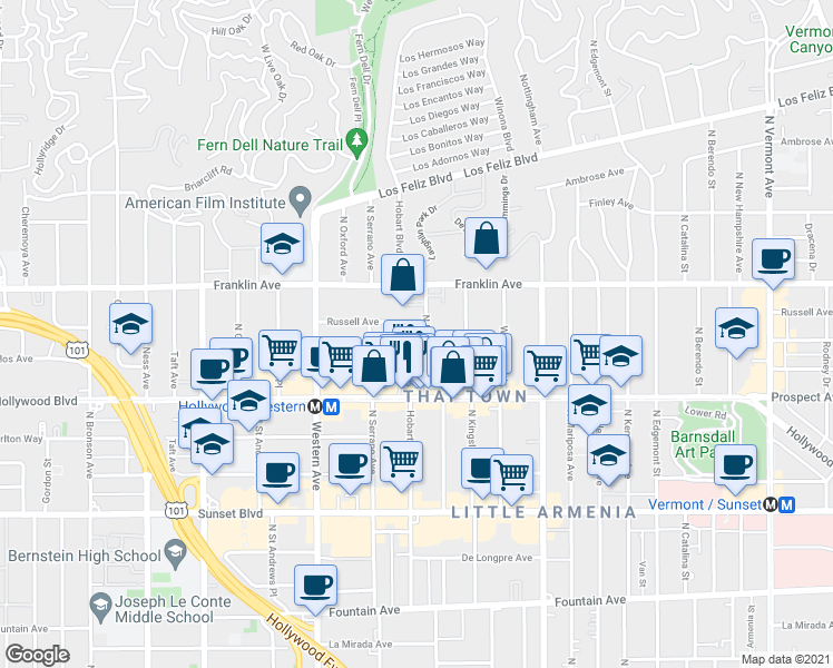 map of restaurants, bars, coffee shops, grocery stores, and more near 1818 1/2 North Harvard Boulevard in Los Angeles
