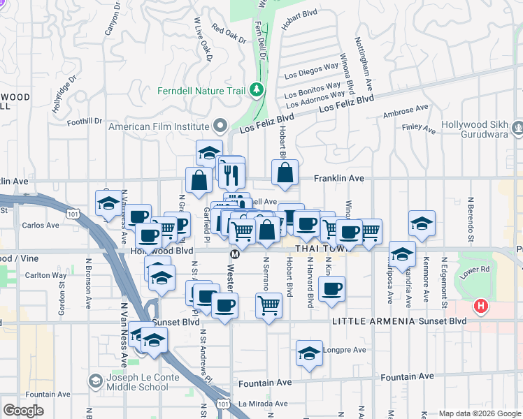 map of restaurants, bars, coffee shops, grocery stores, and more near 5422 Russell Avenue in Los Angeles