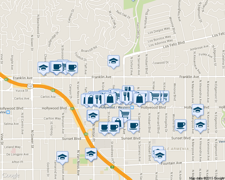 map of restaurants, bars, coffee shops, grocery stores, and more near 1817 Garfield Place in Los Angeles