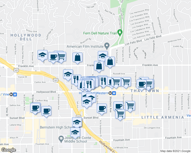 map of restaurants, bars, coffee shops, grocery stores, and more near 1825 North Gramercy Place in Los Angeles
