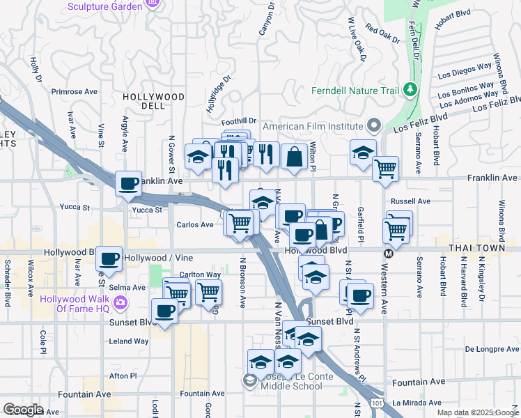 map of restaurants, bars, coffee shops, grocery stores, and more near 1815 Canyon Drive in Los Angeles