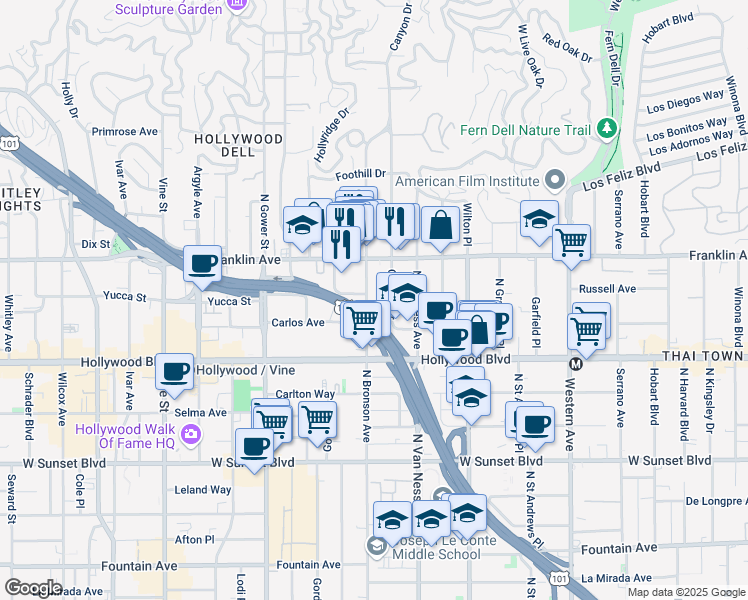map of restaurants, bars, coffee shops, grocery stores, and more near 1815 Canyon Drive in Los Angeles