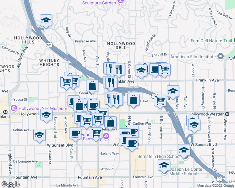 map of restaurants, bars, coffee shops, grocery stores, and more near 6213 Yucca Street in Los Angeles
