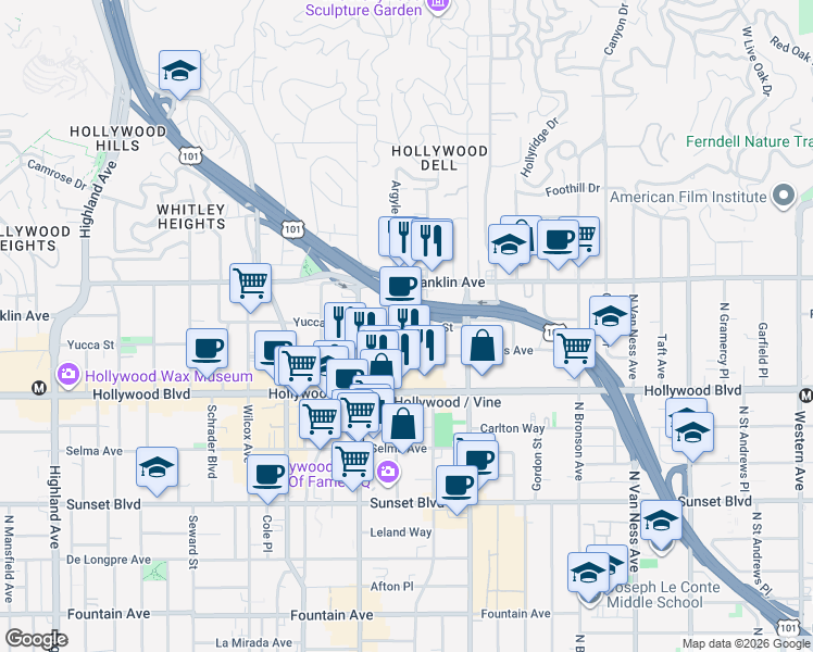 map of restaurants, bars, coffee shops, grocery stores, and more near 6213 Yucca Street in Los Angeles
