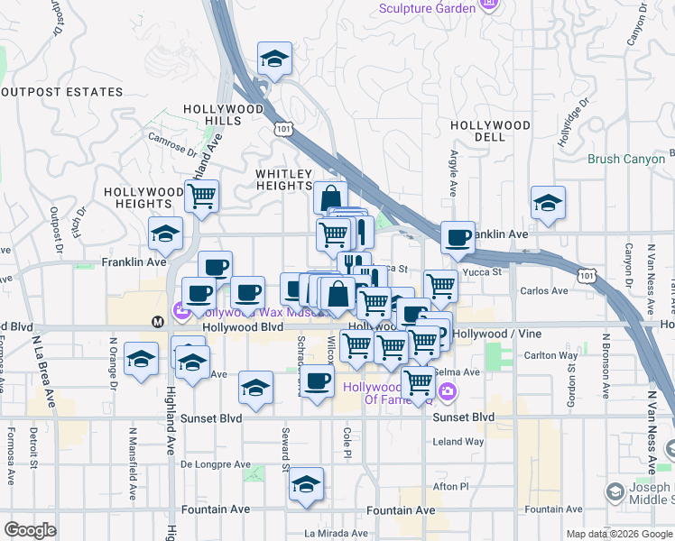 map of restaurants, bars, coffee shops, grocery stores, and more near in Los Angeles