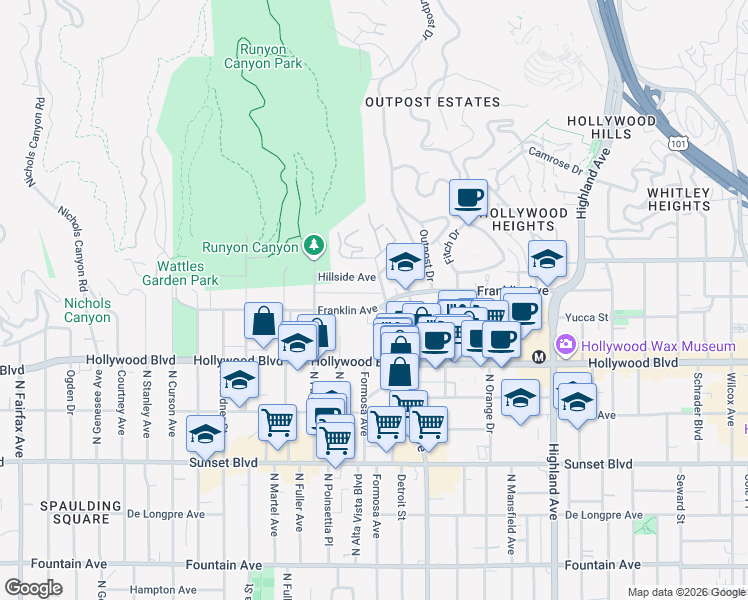 map of restaurants, bars, coffee shops, grocery stores, and more near 7231 Franklin Avenue in Los Angeles