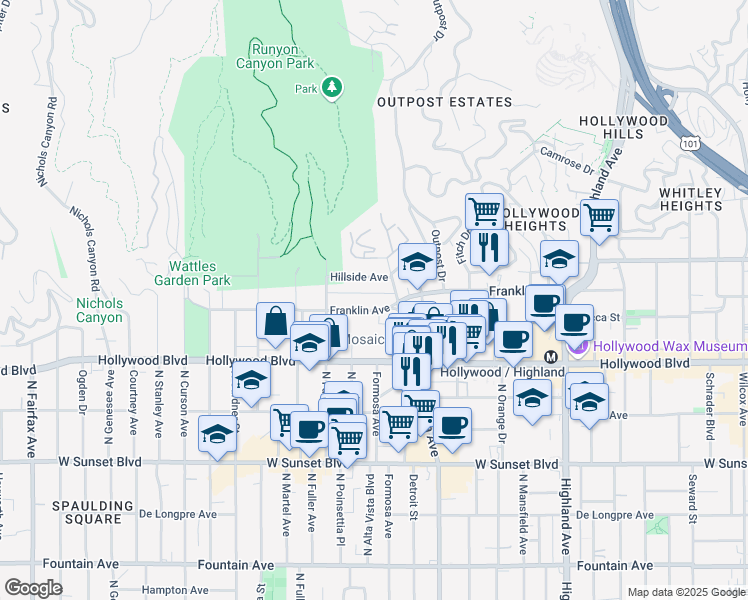 map of restaurants, bars, coffee shops, grocery stores, and more near 7231 Franklin Avenue in Los Angeles