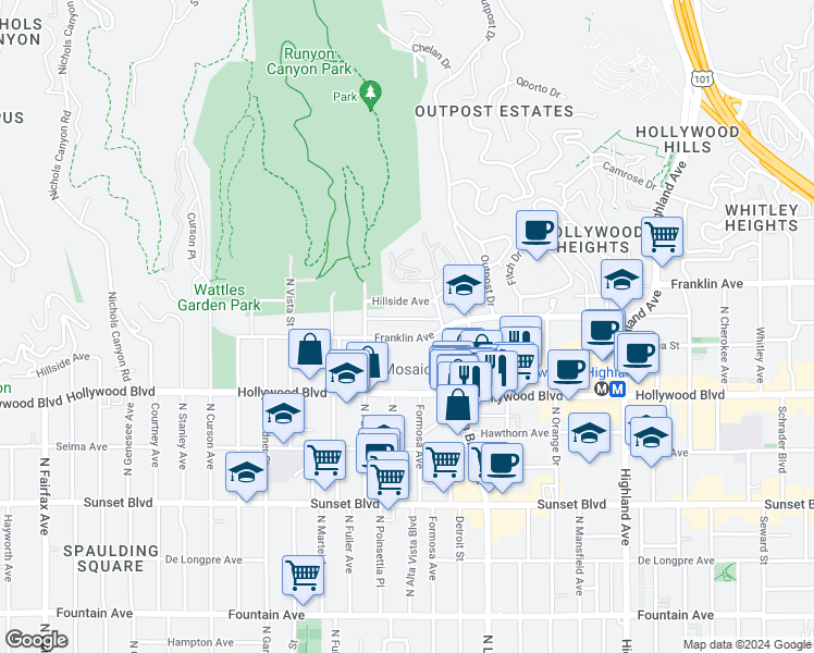 map of restaurants, bars, coffee shops, grocery stores, and more near 7231 Franklin Avenue in Los Angeles
