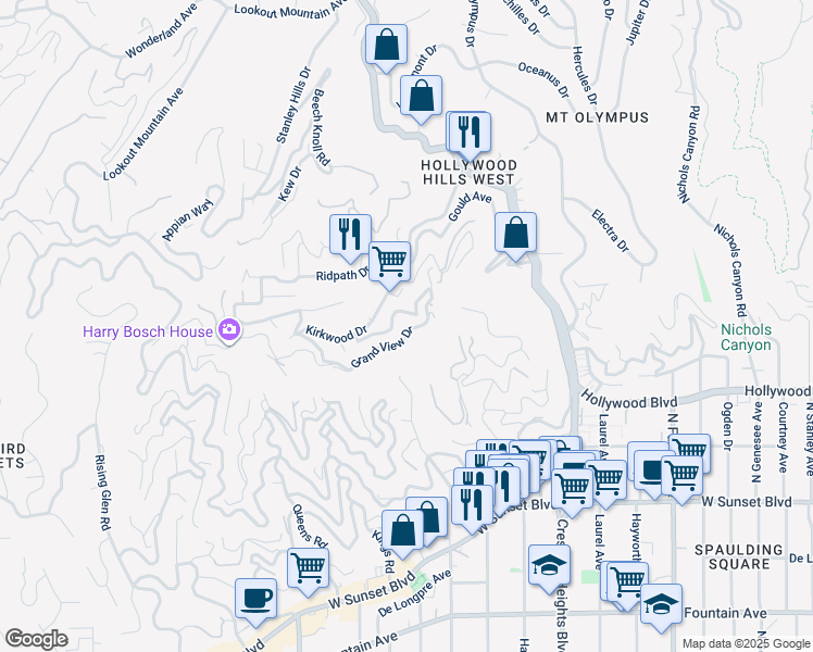 map of restaurants, bars, coffee shops, grocery stores, and more near 8370 1/2 Yucca Trail in Los Angeles