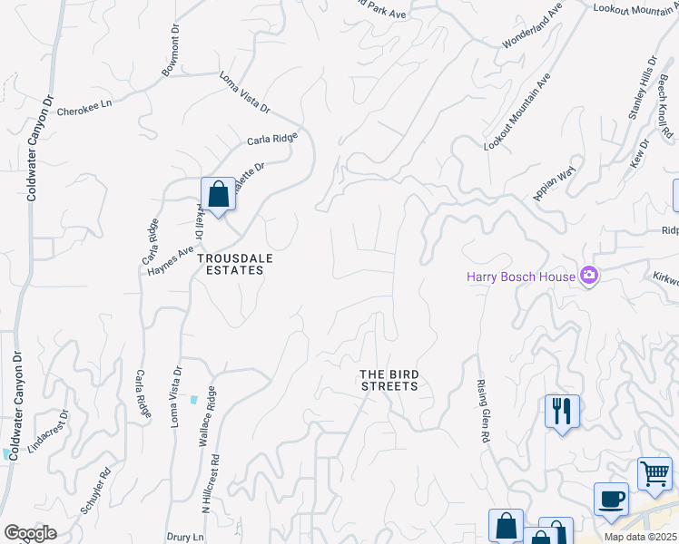 map of restaurants, bars, coffee shops, grocery stores, and more near 9251 Nightingale Drive in Los Angeles