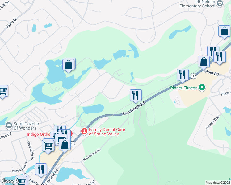 map of restaurants, bars, coffee shops, grocery stores, and more near 110 Brook Valley Road in Columbia