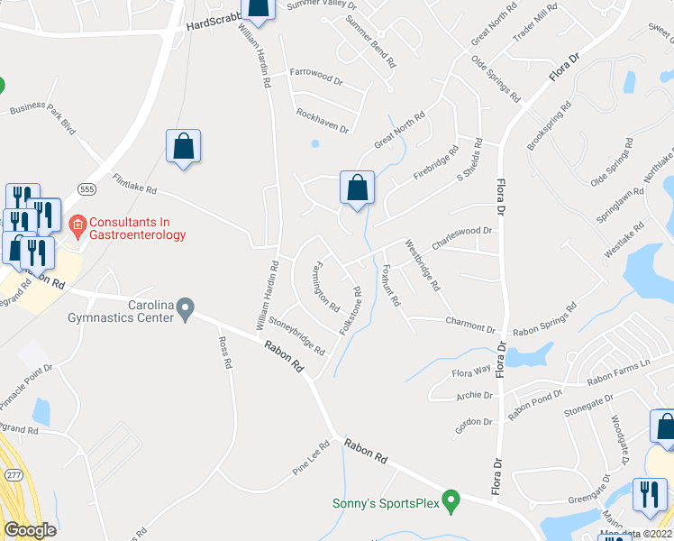 map of restaurants, bars, coffee shops, grocery stores, and more near 105 Farmington Road in Columbia