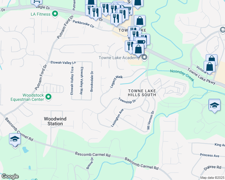 map of restaurants, bars, coffee shops, grocery stores, and more near 1045 Legacy Walk in Woodstock