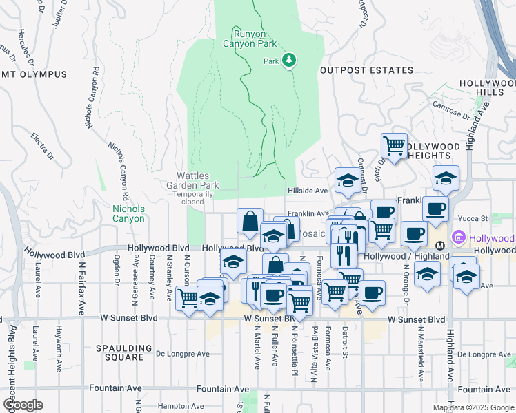 map of restaurants, bars, coffee shops, grocery stores, and more near 7357 Franklin Avenue in Los Angeles