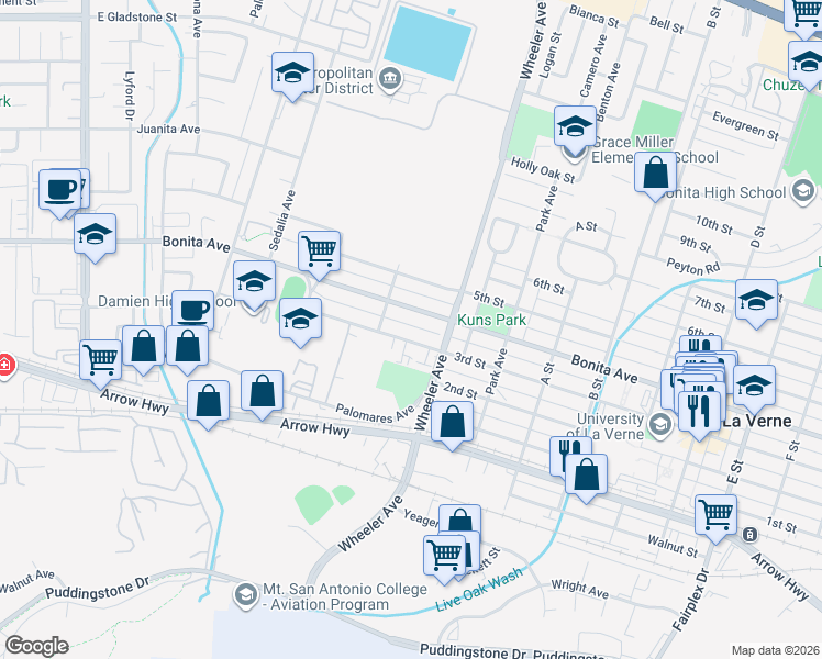 map of restaurants, bars, coffee shops, grocery stores, and more near 1455 3rd Street in La Verne