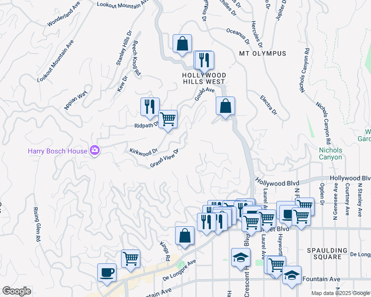 map of restaurants, bars, coffee shops, grocery stores, and more near 8300 Grand View Drive in Los Angeles