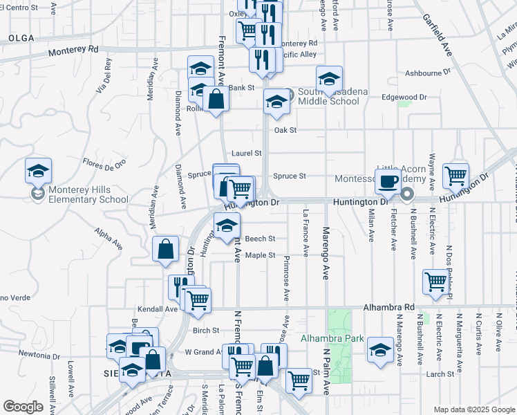 map of restaurants, bars, coffee shops, grocery stores, and more near 1495 Huntington Drive in South Pasadena